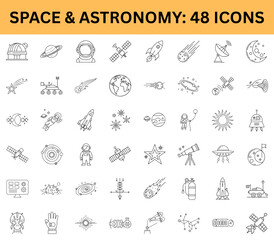 Set of space and astronomy icons on transparent background  