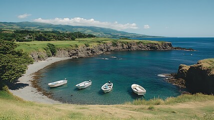 Tranquil bay with small fishing boats.