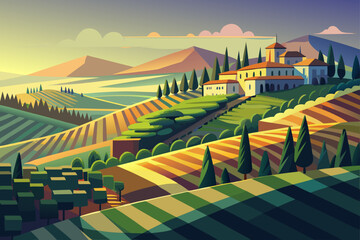 Geometric Vineyard Terraces Glowing Under an Early Moon