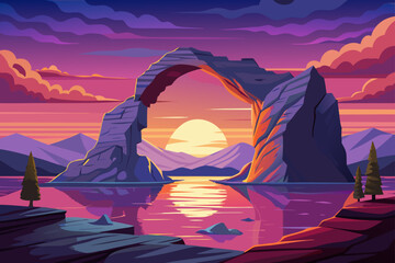 Giant Rock Arch Framing a Sunset Over a Pixel Lake