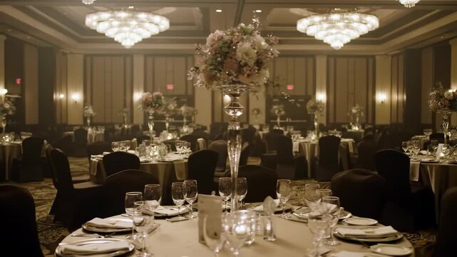 Elegant ballroom setting with luxurious table arrangements and soft ambient lighting