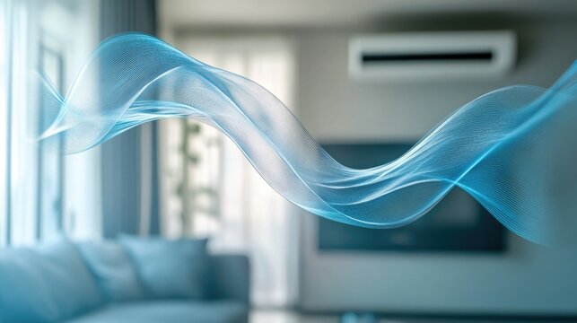Blue Waves of Fresh Clean Air Indoors. Air Conditioning, Filtration and Scent Concept in Modern Apartment with Breeze Effect and Purity Atmosphere
