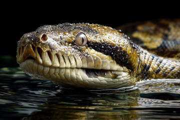 Close-up of a crocodile emerging from dark water with detailed textured skin and sharp teeth