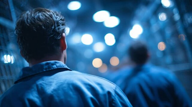 A tense group of convicts moves through a sterile hallway under cold blue lights, exuding discipline and unease.