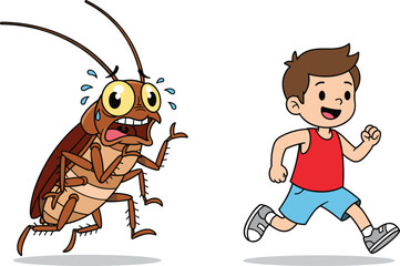 Funny cartoon boy running from giant cockroach with scared expression, comical insect chase scene, cad drawing flat vector illustration