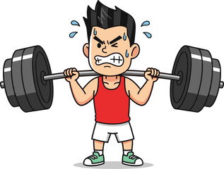 Cartoon boy lifting heavy barbell with straining face and sweat, funny fitness struggle scene, cad drawing flat vector illustration