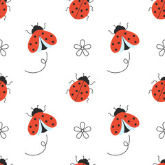 Seamless vector pattern with flying ladybugs. Cute cartoon insect design for children's fabric, spring decor and baby products.