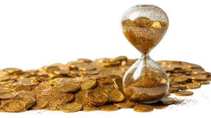 Golden Hourglass with Gold Coins Symbolizing Time and Wealth on a Transparent Backdrop