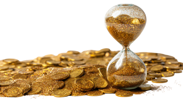 Golden Hourglass with Gold Coins Symbolizing Time and Wealth on a Transparent Backdrop
