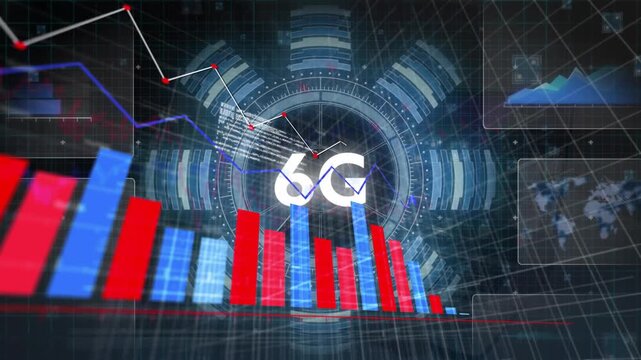 Grid receding into dark blue space, bars pulsing and line chart tracing 6G network growth