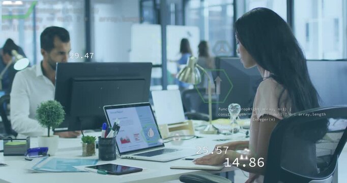 Woman typing on laptop and writing notes in business office, causing animated green icons and data