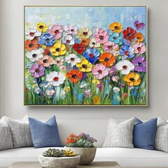 Vibrant Impasto Floral Field: Colorful Spring Flower Painting, Textured Canvas Art