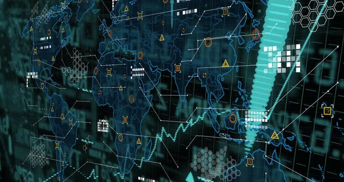 Flickering line graph sparking world map emerging with data nodes and arrows rising showing growth