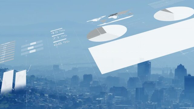 Hazy skyline opening sliding data overlays animating bar line pie gauge charts visualizing metrics