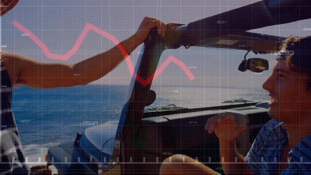 Driver gesturing toward friend activating red line graph on roll bar on cliff for auto analytics