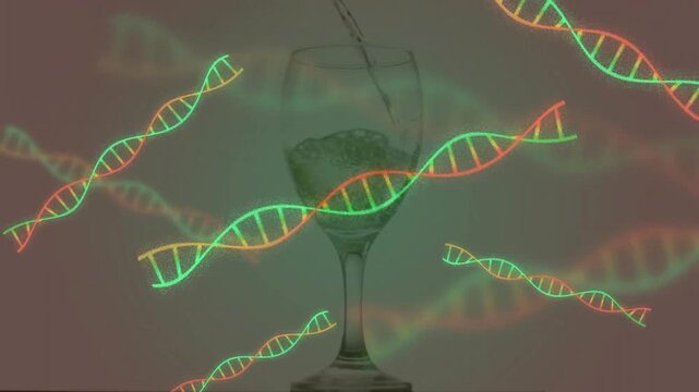 Stream pouring at 3-second into wine glass for science DNA helices drifting across beige background