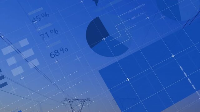 Visualizing UI sliding bars counting percentages, emerging pies mapping rotating into sunset towers