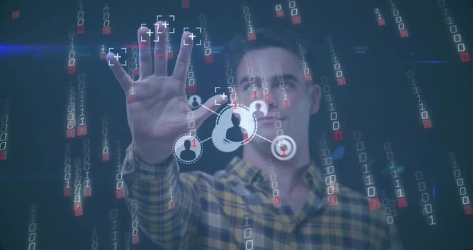 Tech developer raising hand toward UI, focus markers appearing, loader rising and network expanding