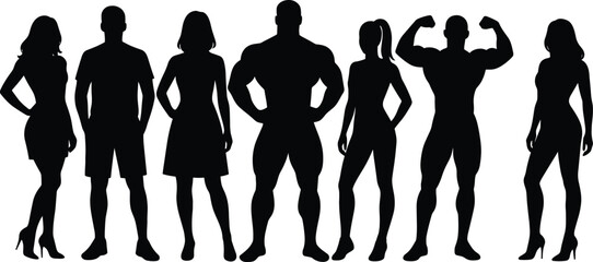 Silhouettes of diverse body types standing in row, male and female figures in various postures, cad drawing flat vector illustration