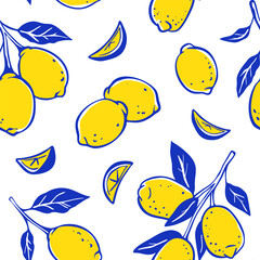 Hand drawn doodle yellow and blue lemon background. Italian, Amalfi, Positano, Sicily summer style. Citrus fruit, leaves, branches sketch seamless pattern. Whimsical trendy vector illustration