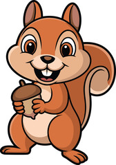 Cute cartoon squirrel holding acorn vector, children’s illustration, flat animal drawing, woodland character design, cad drawing flat vector illustration