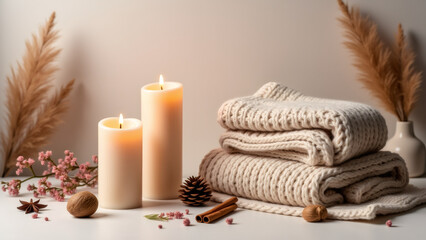 Cozy Home Decor: Candles, Knitted Blanket, and Rustic Accents for Winter Warmth