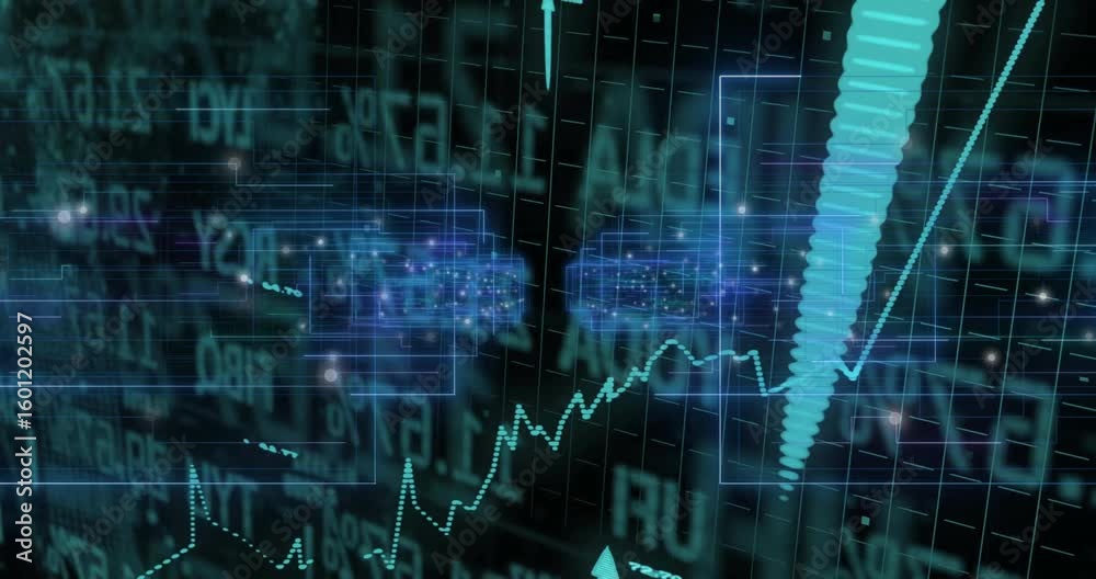 Poster holographic grid initiating chart emerging and visualizing data with cubes pulsing, arrows growing