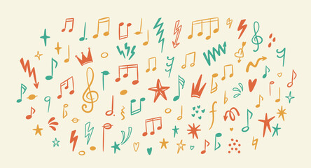 Colorful cute kid music school doodle background. Notes, keys, symbols, treble clef. Funky punk rock poster. Handwritten lightning, heart, star, twinkle, bling, glitter and confetti scribbles © Kseniia