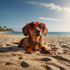 Cool Dachshund Wearing Sunglasses Relaxing on Sunny Beach