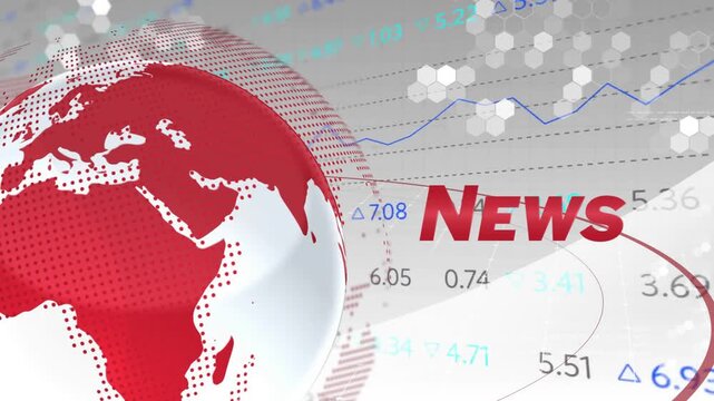 Opening screen revealing red-dotted globe spinning while charts and hex grid animating for news