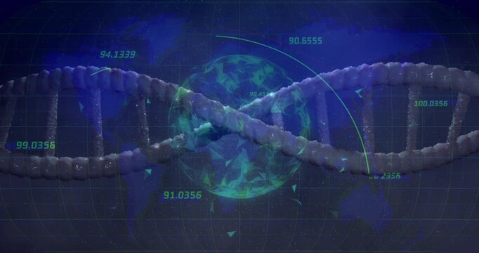 Entering from sides, molecular strands twisting around sphere displaying overlays, visualizing data