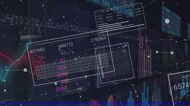 Numeric labels fading in over bar charts starting data panels sliding and rotating visualizing data