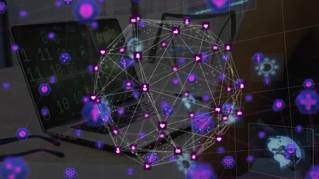 Hand hovering smartphone above keyboard generating rotating 3D sphere visualizing tech data network