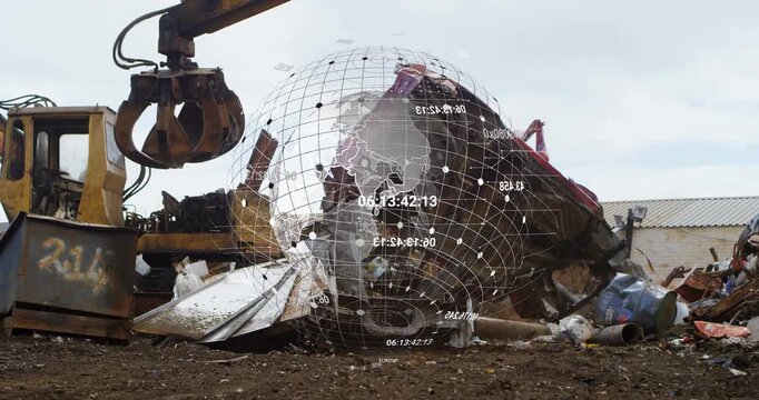 Upon globe appearing, grapple arm clamping red car shell, lifting and shredding metal for sorting