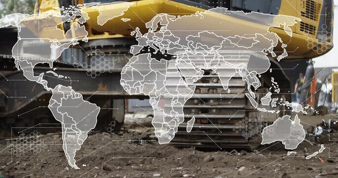 Camera zooming on excavator tracks grinding over rubble while network overlay showing connectivity