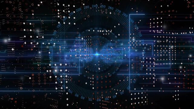 Futuristic blue UI appearing emitting lines forming shapes rotating dial pulsing visualizing data