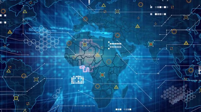 Bright glow pulsing on circuit board, revealing Africa, sliding data icons forming Bitcoin symbol
