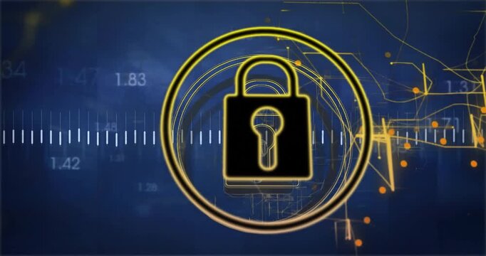 Blue backdrop brightening and padlock forming with pulsing waveform visualizing data security flow