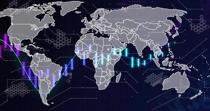 On animation start bars and line rising, falling and tracing across map to visualize global trends