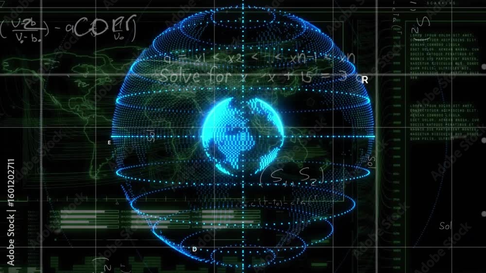 Poster sphere appearing causing rings rotating annotations fading and code scrolling visualizing data