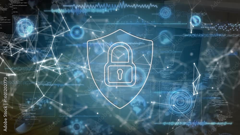 Poster padlock shield materializing on pc startup and network nodes connecting with globe for security