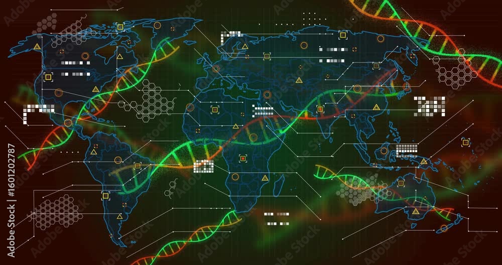 Poster starting with bicolored dna helix shapes drifting in world map interface forming grids mapping data