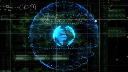 Sphere appearing causing rings rotating annotations fading and code scrolling visualizing data - Powered by Adobe