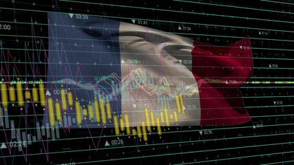 Opening French flag waving with candlesticks and colorful graphs rising showing market trends - Powered by Adobe