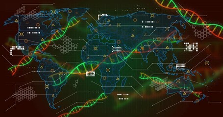 Starting with bicolored DNA helix shapes drifting in world map interface forming grids mapping data - Powered by Adobe