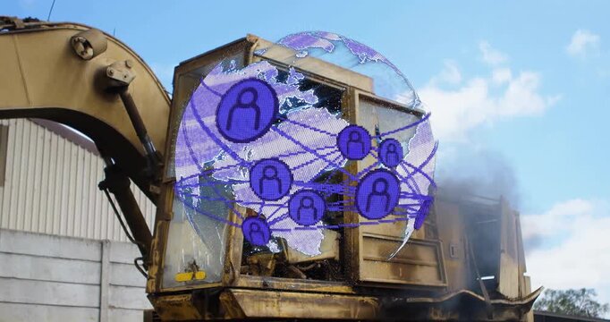 Stationary excavator cabin projecting digital globe rotating, growing and linking purple user icons