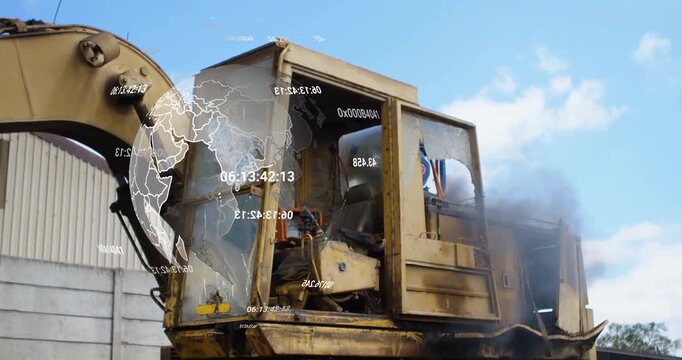 Exhaust smoke rising initiating digital globe appearing rotating drifting fading out over excavator