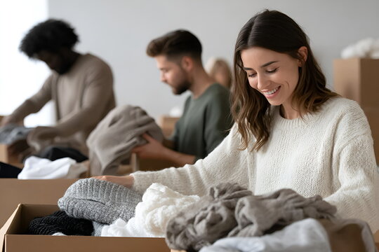 Young woman smiling while sorting clothes with volunteers indoors  , charity donation concept