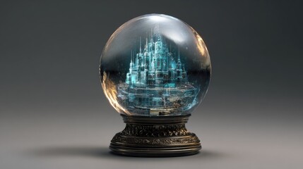 Crystal orb; icy castle, ornate base