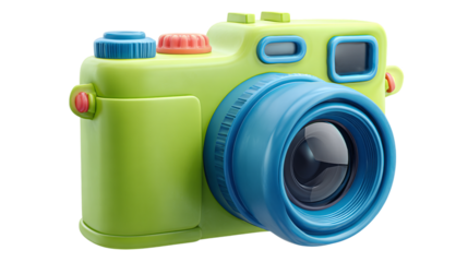 Plastic camera icon in 3D with large lens and viewfinder cartoon form. isolated on transparent background 
